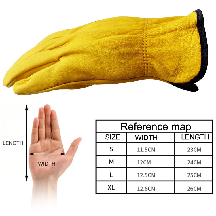 Yellow cowhide glove close-up with cuff seam, shown beside a hand for size reference