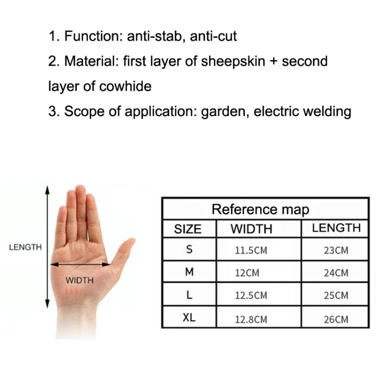 Glove size chart with width and length measurements for S to XL