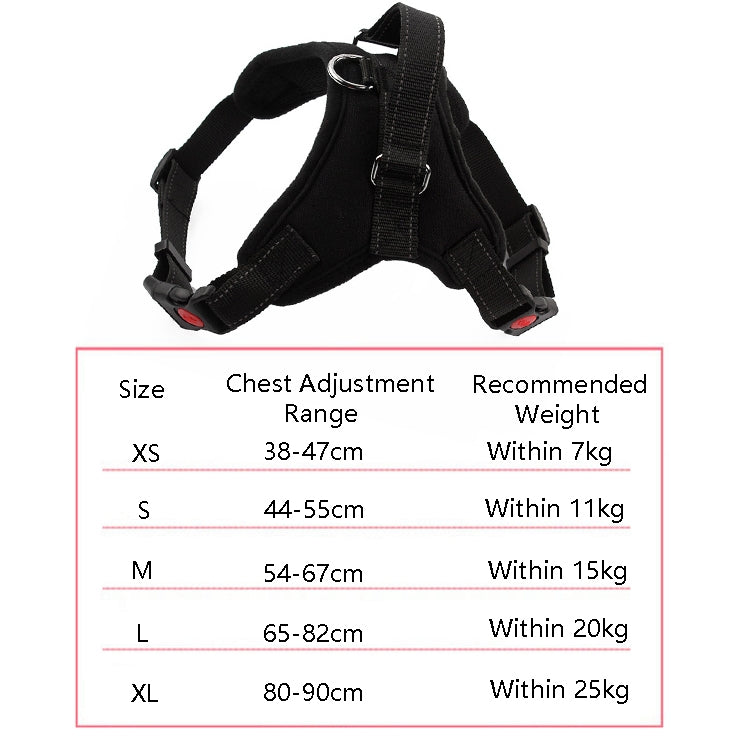 Size chart for adjustable dog chest strap: chest ranges XS to XL