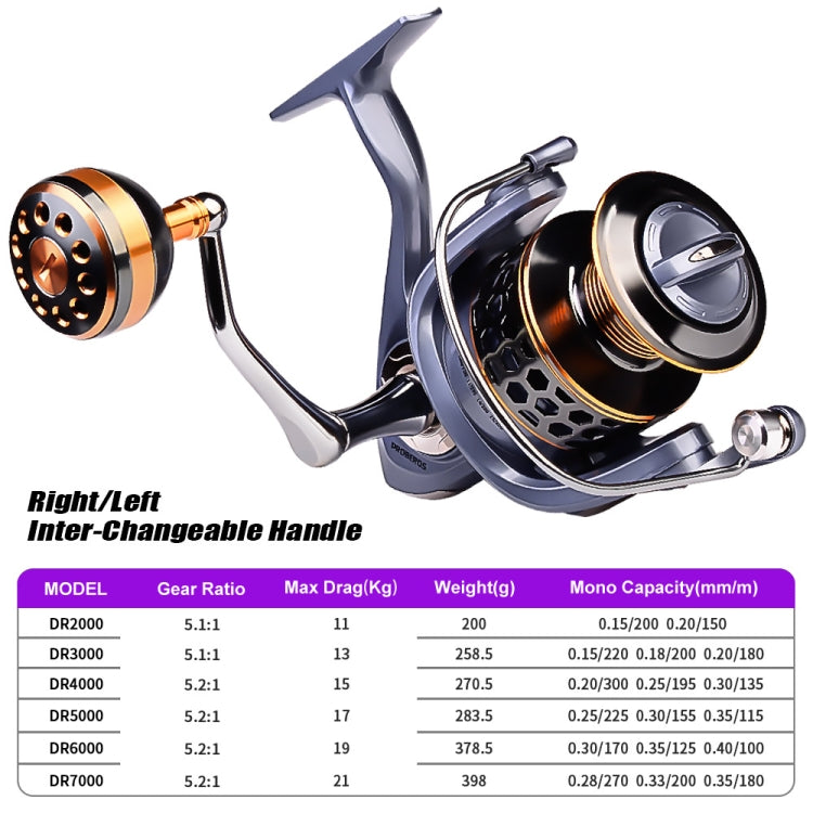 Metal wire cup fishing spinning reel with silver frame, gold spool, interchangeable handle