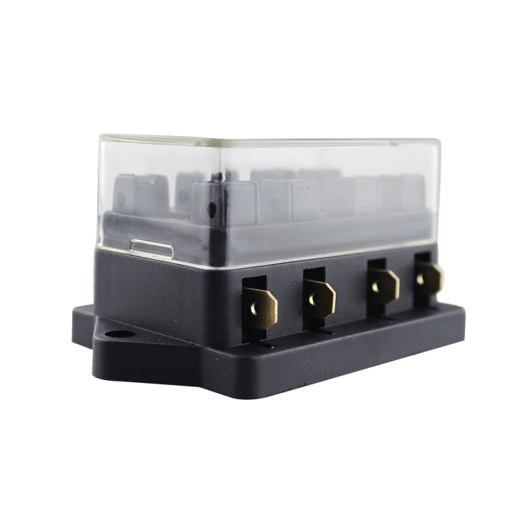Six-way car fuse holder base with clear cover and 4? gold terminals, compact side view