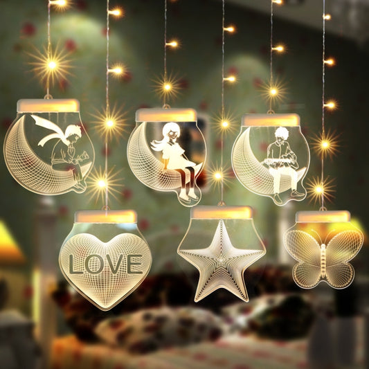 Warm white romantic hanging icicle lights with moon, heart, star, and angel silhouettes