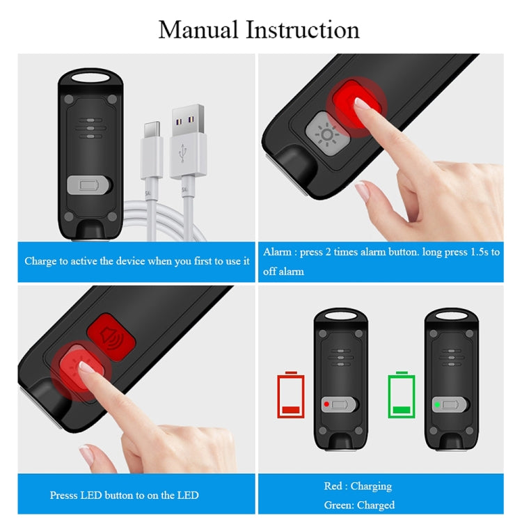 Black personal alarm device charging with Type-C cable; manual instruction layout.