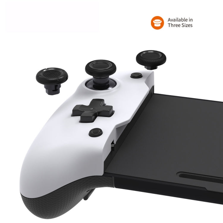 White in-line gamepad with textured grip, analog sticks, and D-pad on controller body