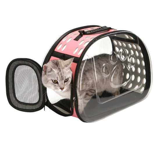 Pink transparent pet carrier with mesh door and gray cat, side view
