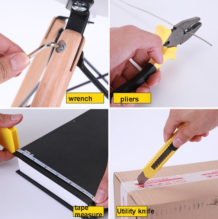 Assorted car repair tools shown in use: wrench, pliers, tape measure, utility knife