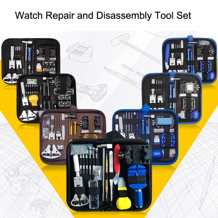 Watch repair tool set shown in multiple black-and-blue zippered pouches