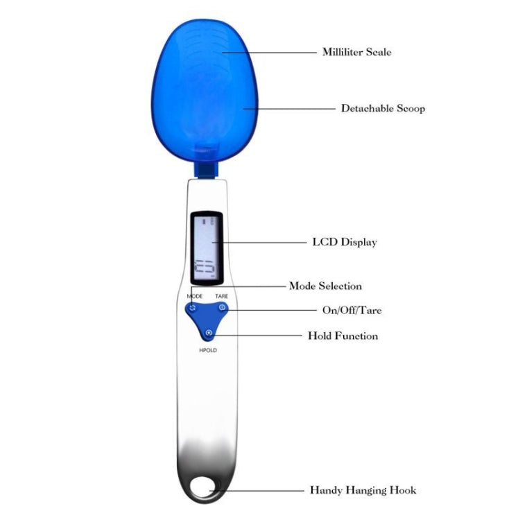Electronic measuring spoon scale with blue scoop, LCD screen, and handy hanging hook