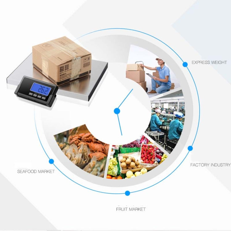 Electronic platform scale with blue LCD and cardboard parcel on the weighing base