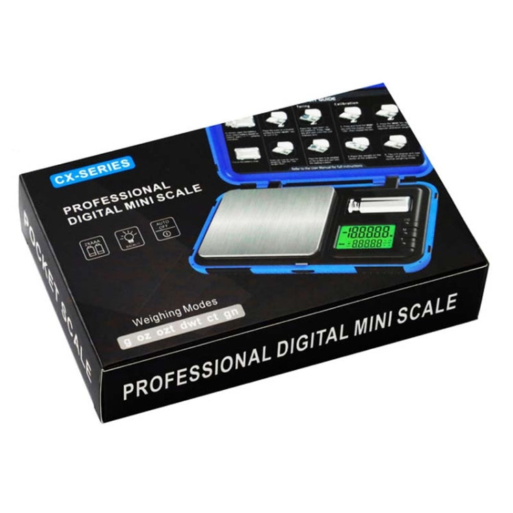 Professional digital mini scale retail box with blue insert and CX-SERIES branding
