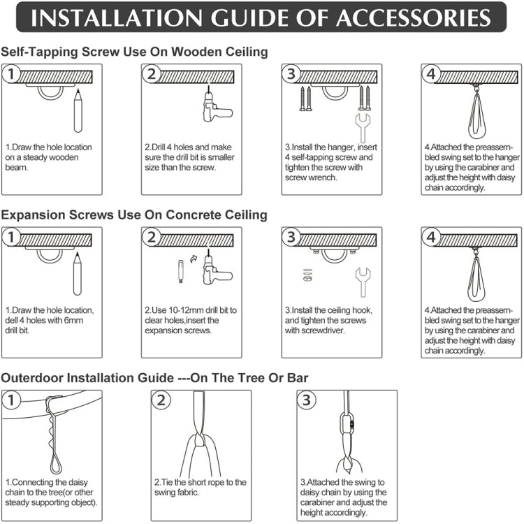 Installation guide for hammock swing accessories, showing ceiling mounting steps.