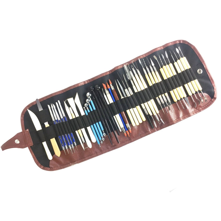 Clay tool set in brown storage pouch with black interior and assorted metal tips.