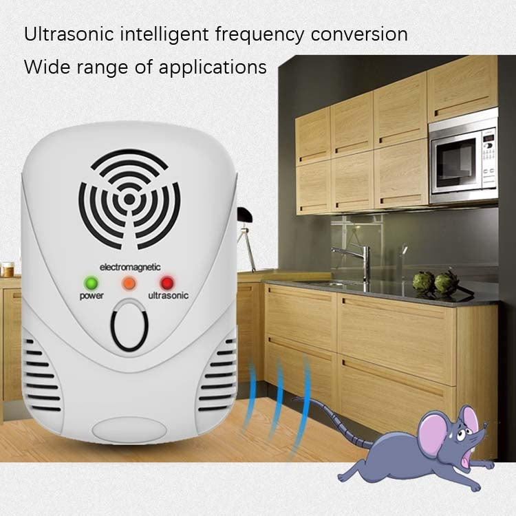 White electronic mouse repeller with electromagnetic and ultrasonic icons, blue sound waves