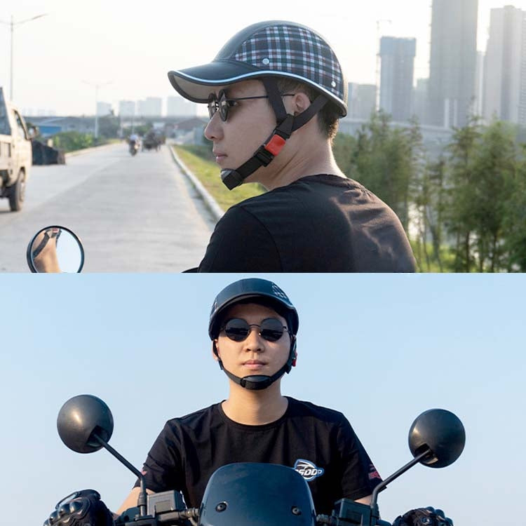 Half safety helmet worn by rider with blue plaid top and chin strap