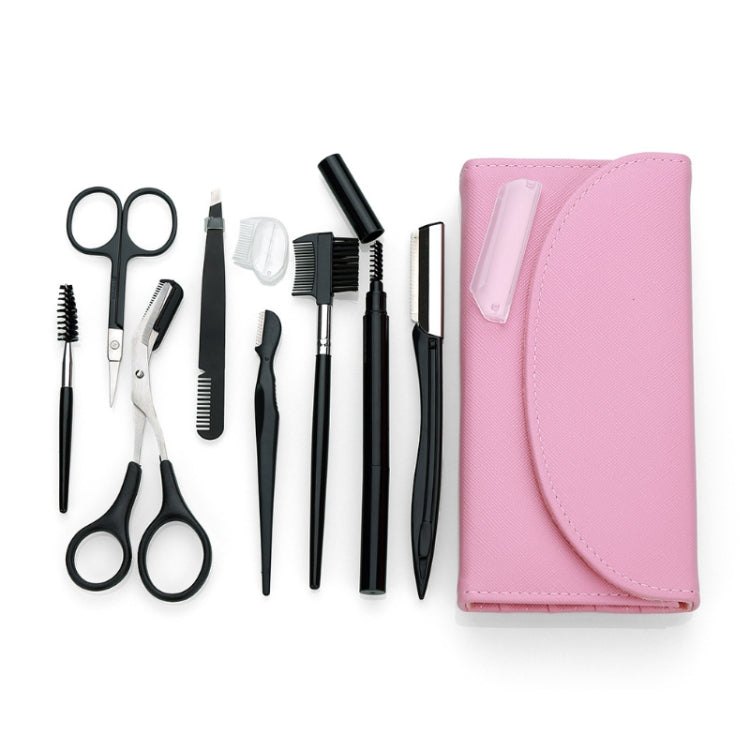 Pink eyebrow trimming tool set with tools laid out beside the roll pouch case