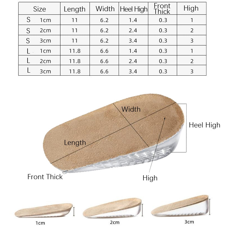 Beige fleece insole lift pad with size diagram: length, width, heel height, front thickness