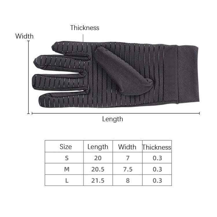 Black compression anti-slip glove size chart for S, M, and L with length and width