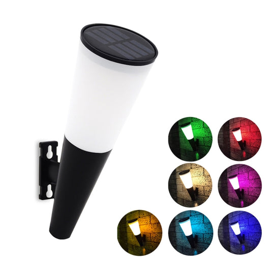 Outdoor solar garden wall lamp with white cone body, black base, and round solar panel