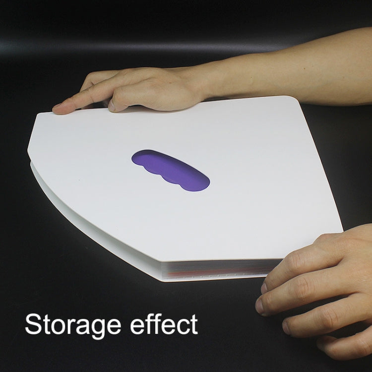 White test paper storage clip with purple slot, held in two hands
