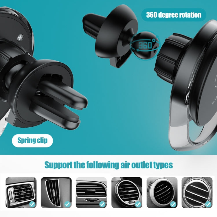 Car magnetic wireless charger with 360-degree rotating mount and spring clip