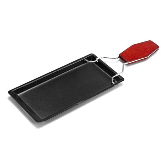 Mini cheese grill with black tray and red wooden handle