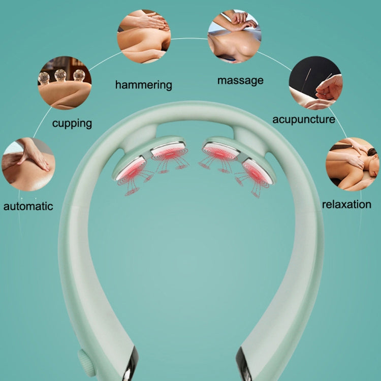 U-shaped neck massager with multiple massage pads and illustrated therapy modes