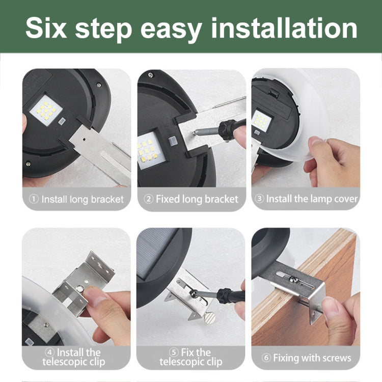 Solar outdoor lamp installation steps showing mounting bracket and lamp cover