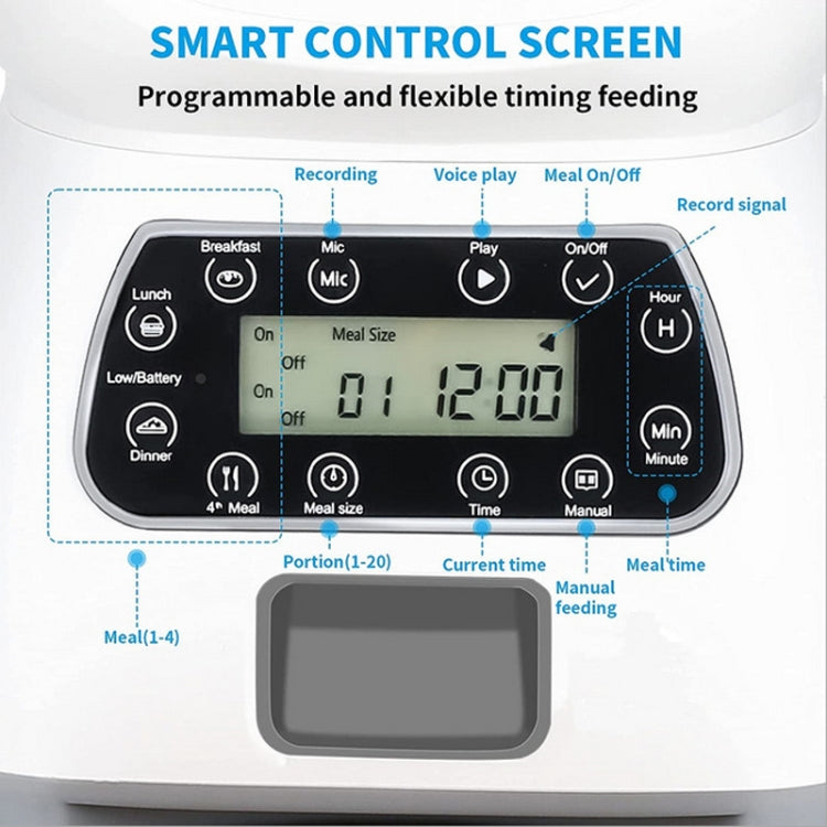 White automatic pet feeder smart control panel with LCD screen and feeding settings