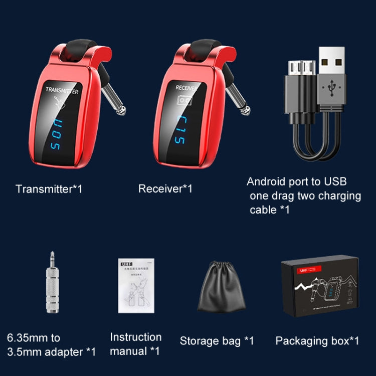 Red wireless 6.35mm guitar transmitter and receiver kit with USB charging cable and pouch