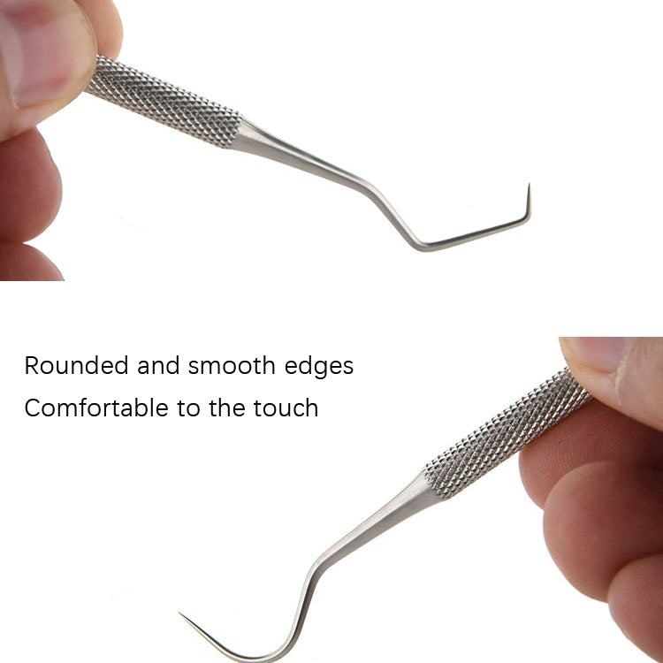 Metal needle hook tip with textured handle held by fingers