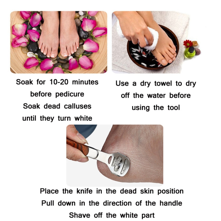 Pedicure callus remover tool shown shaving dead skin on a foot