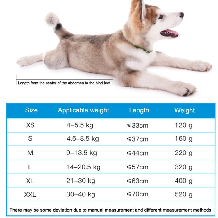 Pet protection bag size chart for XS–XXL with weight and length