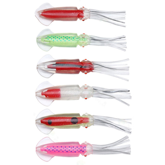 Assorted colorful octopus-style fishing lures with white tentacles, including red and green