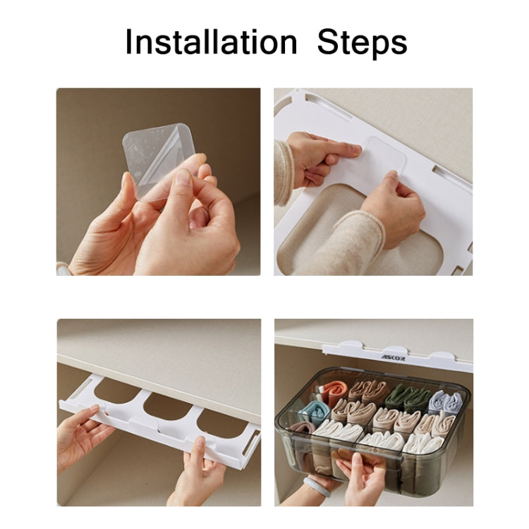 Transparent drawer storage box installation steps with white frame and latch