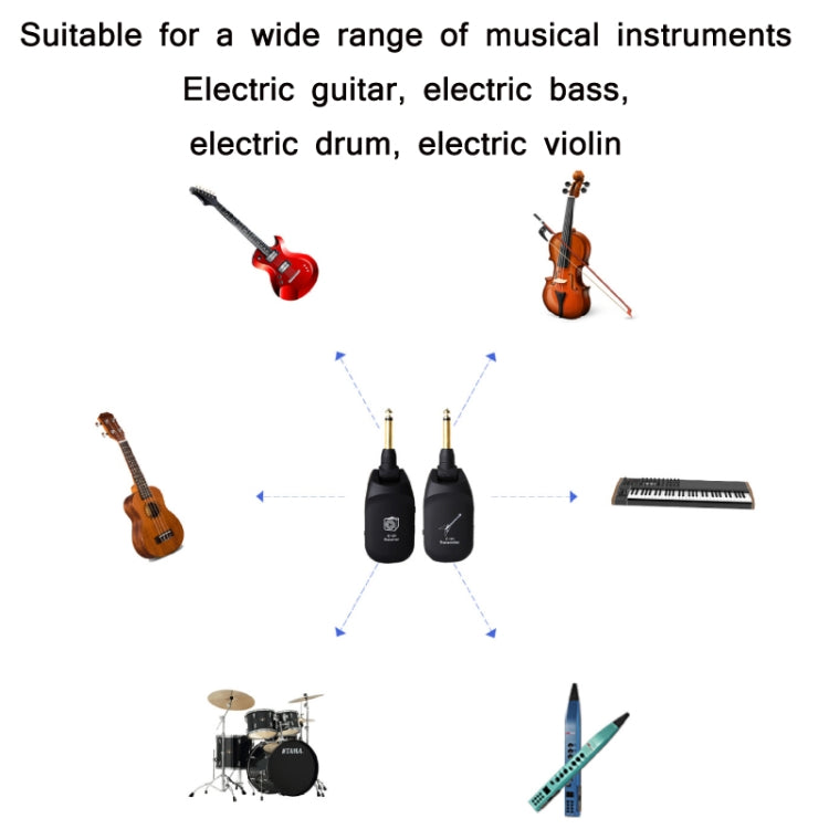 Wireless guitar audio receiver and transmitter with illustrations of many instruments