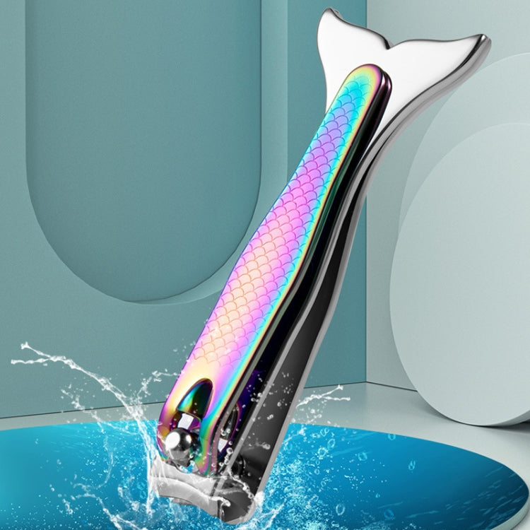 Water-resistant rainbow mermaid nail clipper with metal jaws and iridescent handle