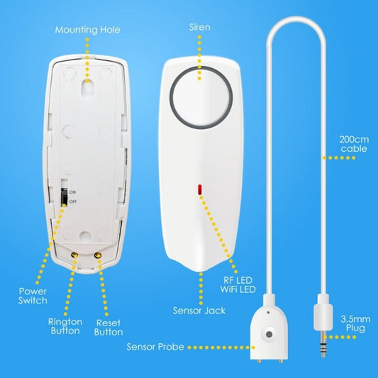 Water leak alarm with sensor jack, probe plug, and indicator LED