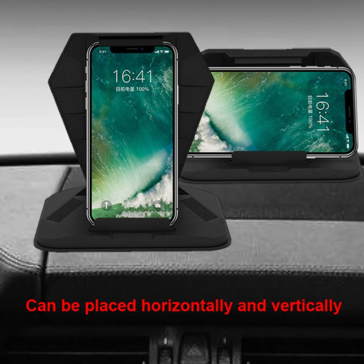 Black car phone holder stand shown holding phones vertically and horizontally