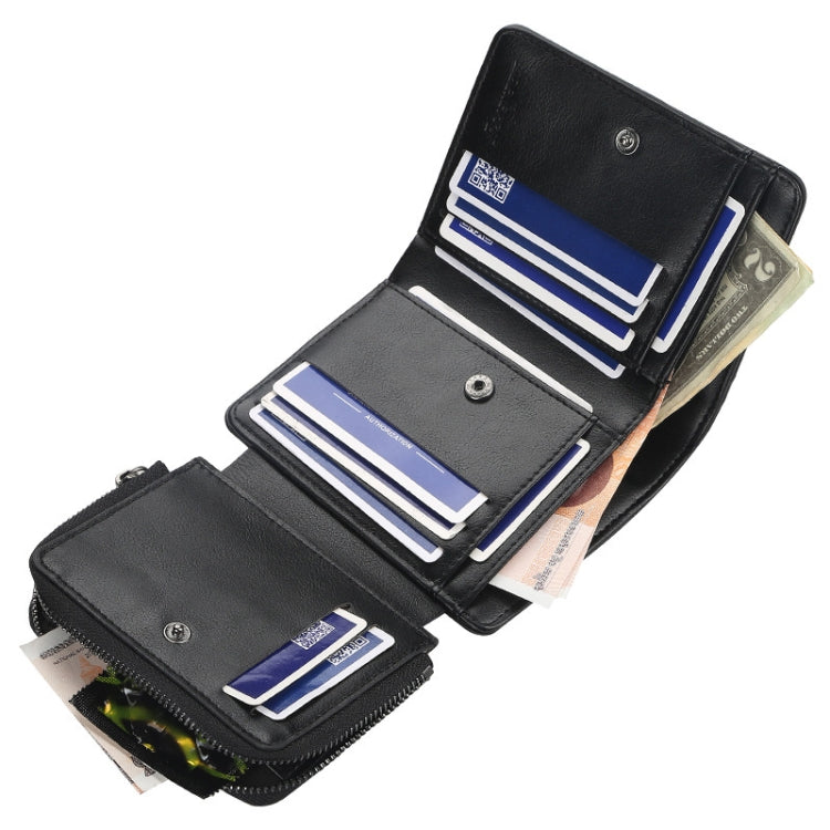 Black tri-fold zip coin purse open, showing card slots and zipper coin section