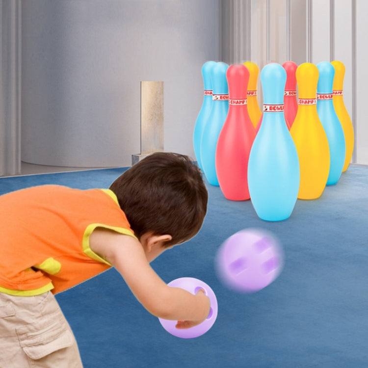 Plastic bowling toy set with colorful pins and a purple ball for kids to play