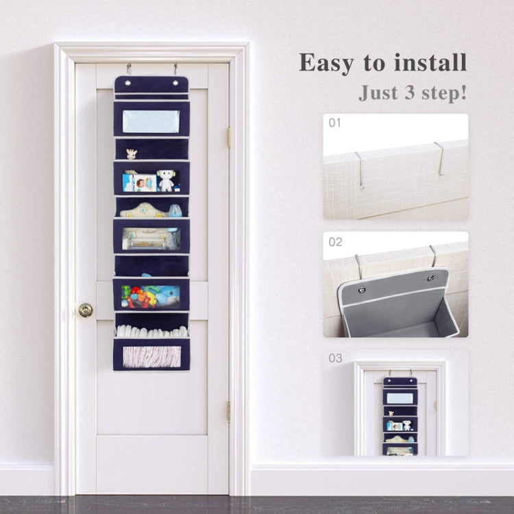Blue five-layer door hanging storage bag on door with top hanging strap loops