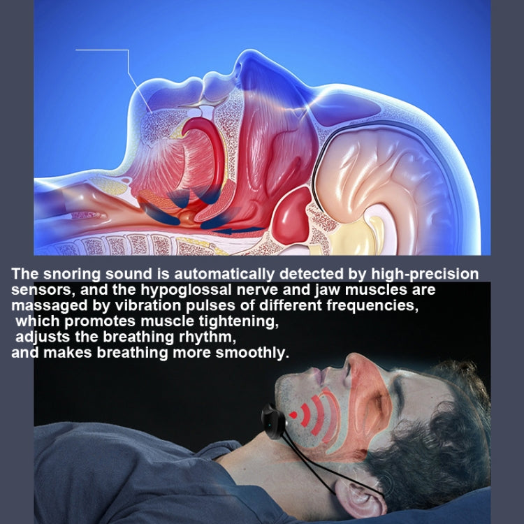 Black anti-snoring device on sleeper, with vibration and sound-wave graphic overlay.