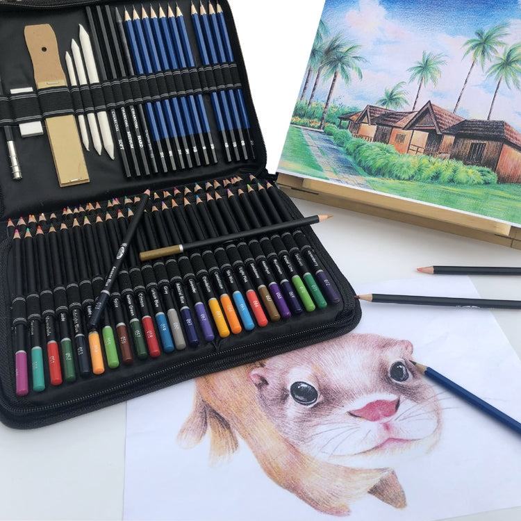 Open pencil case with colored pencils next to a drawing on paper