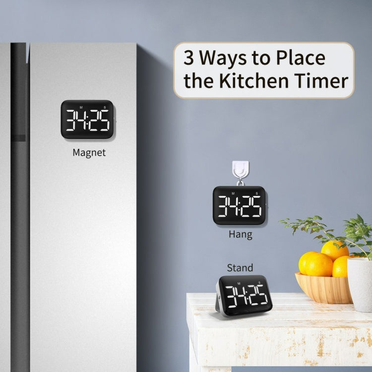 Black rechargeable kitchen timer with large LCD display for magnet, hang, or stand