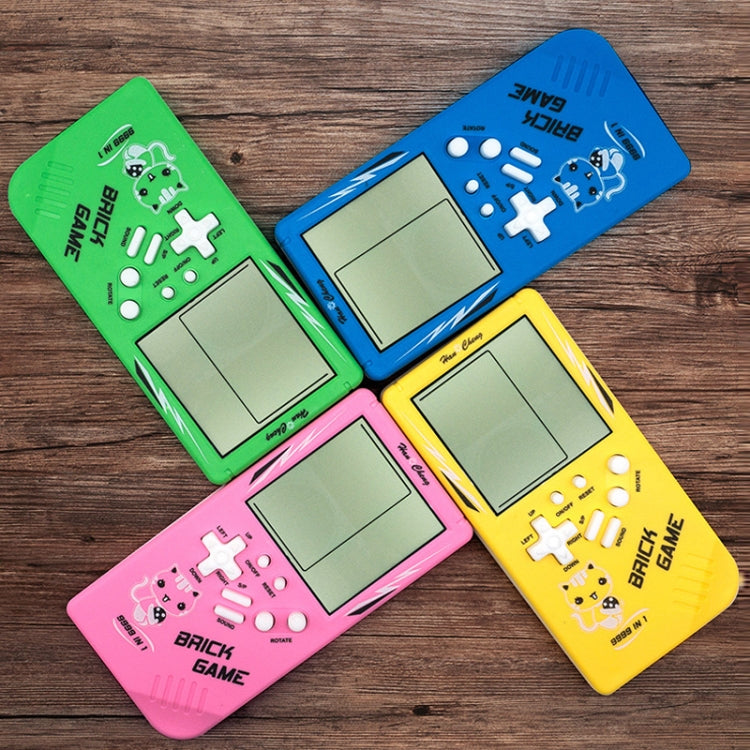 Four retro handheld game consoles with large screens in green, blue, pink, and yellow
