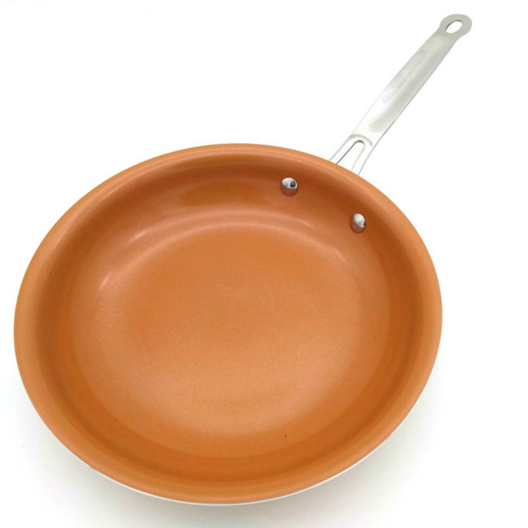 Orange round skillet with long metal handle and two rivets, front view