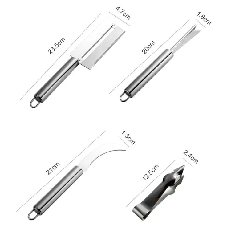 Stainless steel pineapple knife set size diagram with four blade tools