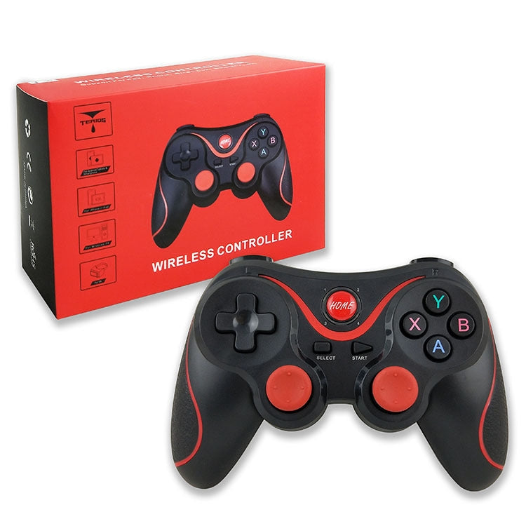 Wireless Bluetooth game controller with box, black gamepad with red accents and ABXY buttons