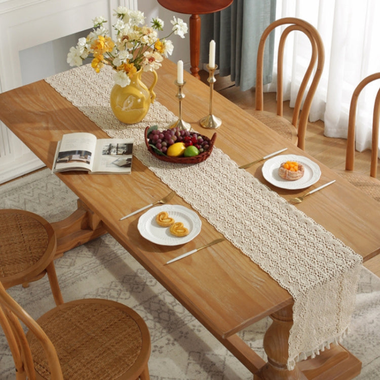 Rustic knitted hollow tablecloth runner, cream crochet openwork with scalloped border