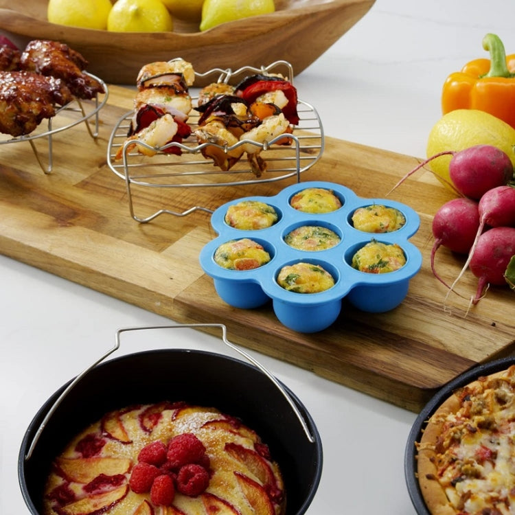 Air fryer baking accessories: blue egg bites mold, wire rack for kebabs, black cake pan
